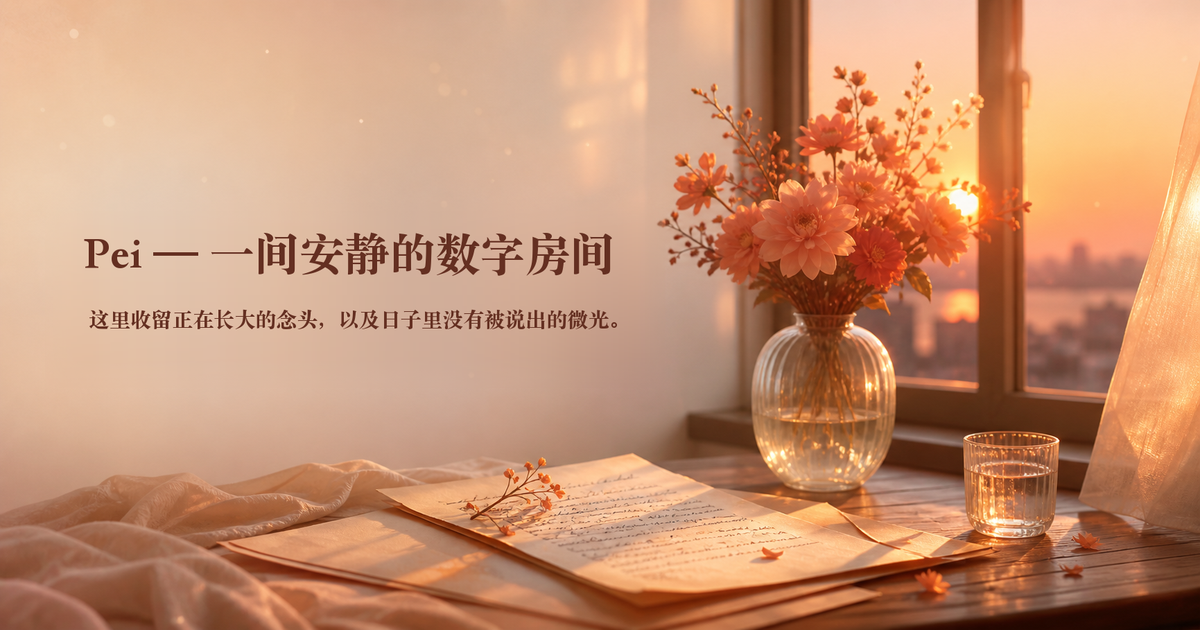 暖色黄昏里，阳光落在一张摆着纸笔和花的桌面上
